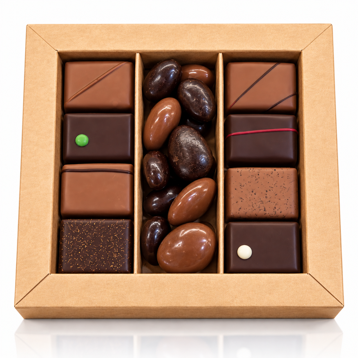 COFFRET 3 rangées petits chocolats et fruits secs chocolats