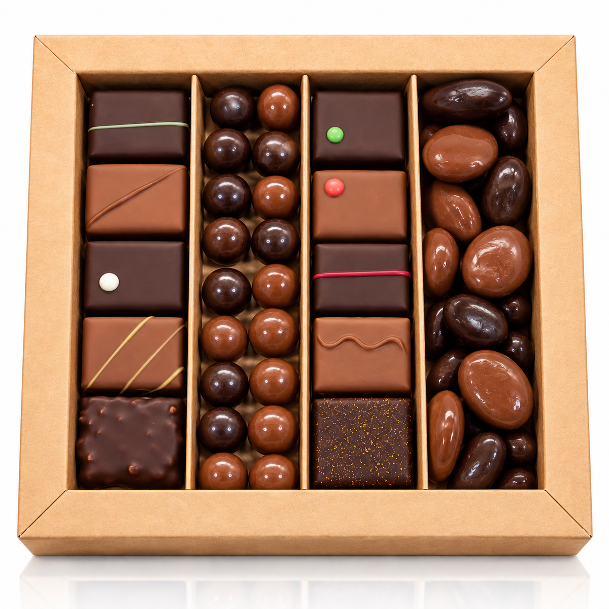COFFRET 4 rangées petits chocolats et fruits secs chocolats